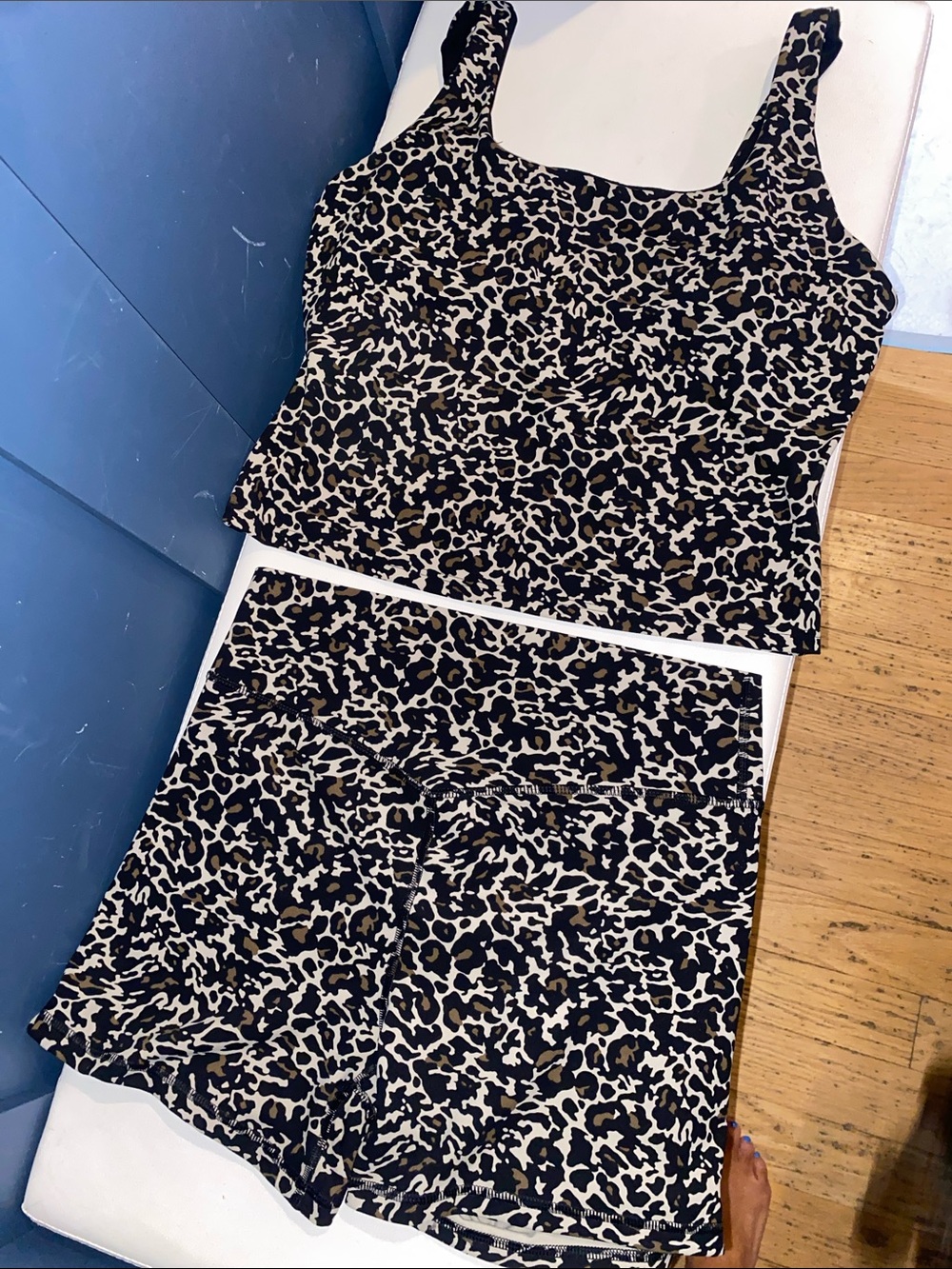 Fabletics PureLuxe Leopard Print Tank and‎ Bike Shorts Set - Black, Brown, Cream
